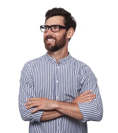 Portrait of happy bearded man with glasses on white background