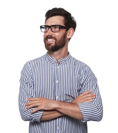 Photo of Portrait of happy bearded man with glasses on white background