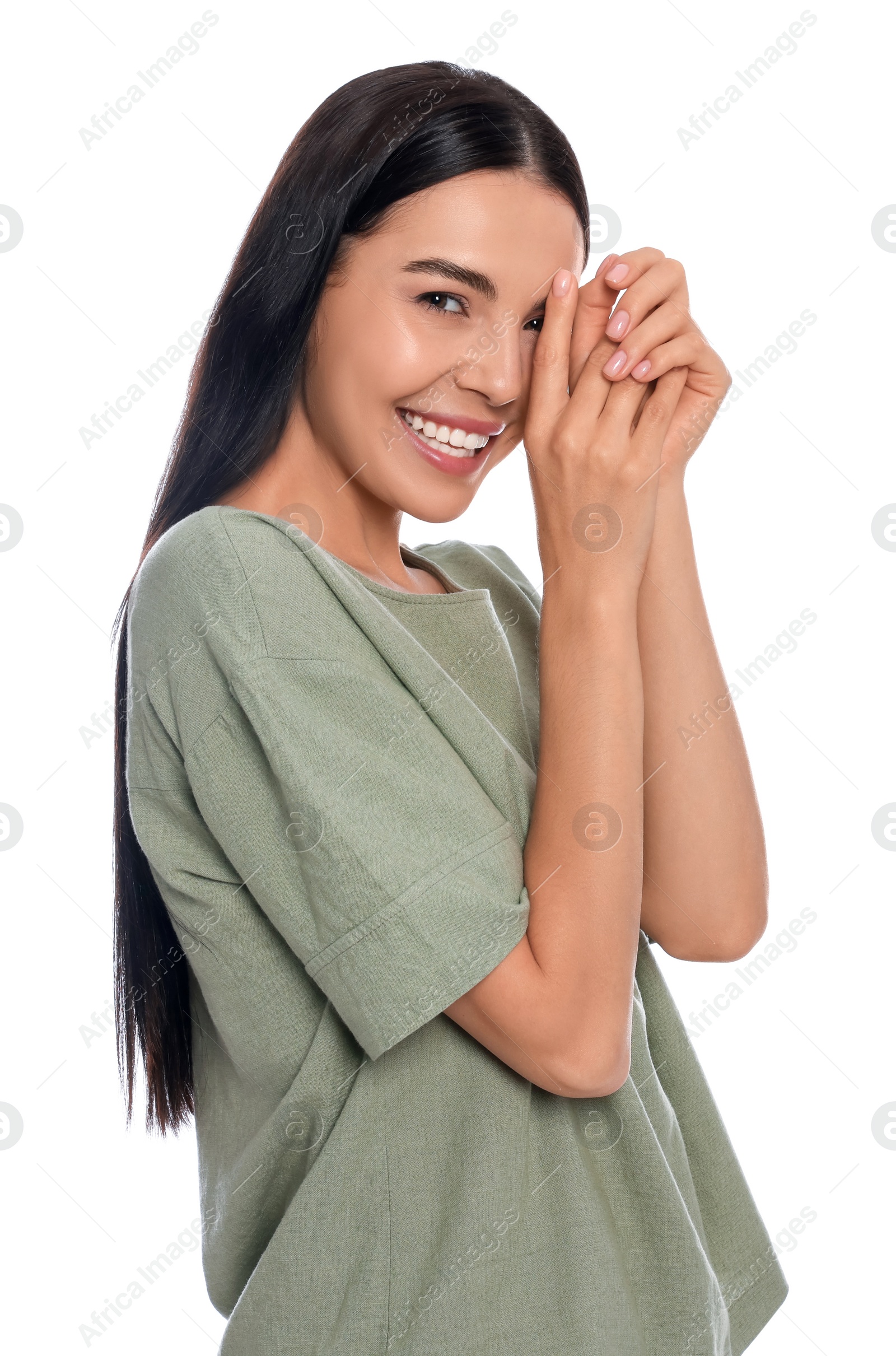 Photo of Embarrassed young woman in shirt on white background