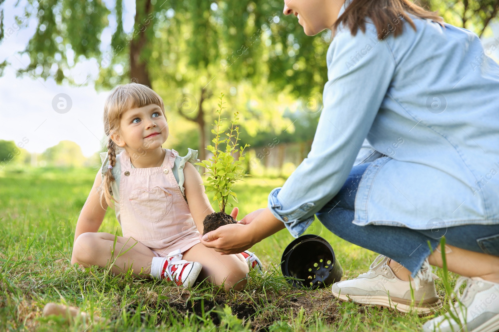 Photo of Mother and her daughter planting tree together in garden