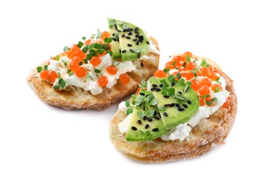 Photo of Delicious sandwiches with caviar, cheese, avocado and microgreens on white background