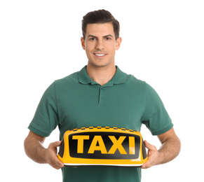 Photo of Man holding taxi sign on white background