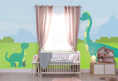 Image of Baby room interior with crib near window. Cartoon style wallpapers with dinosaurs