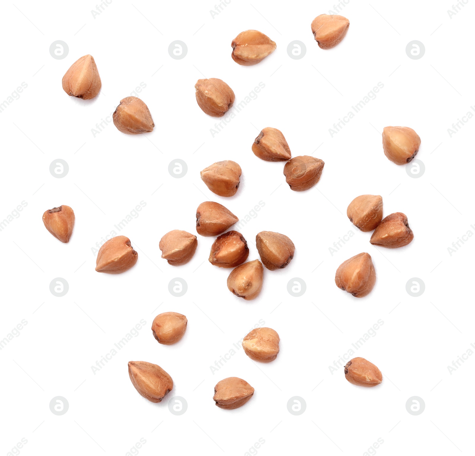 Photo of Buckwheat grains isolated on white, top view. Organic cereal