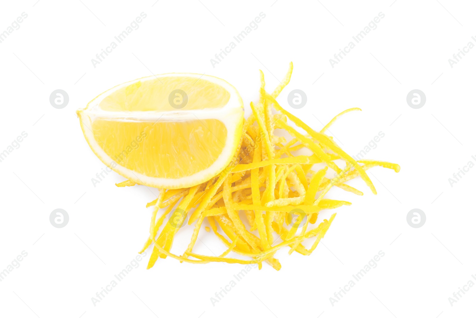 Photo of Grated lemon zest and fresh fruit on white background