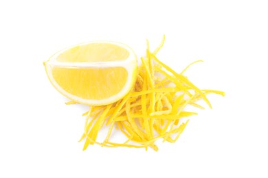 Photo of Grated lemon zest and fresh fruit on white background