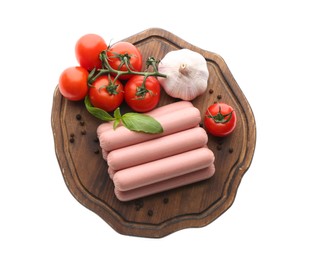 Photo of Fresh raw vegetarian sausages, tomatoes, garlic and basil on white background, top view