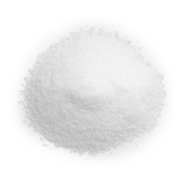 Photo of Pile of sugar isolated on white, top view