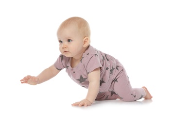 Cute little baby crawling on white background