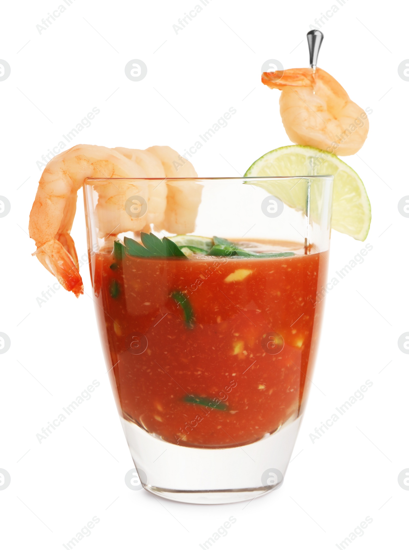 Photo of Tasty shrimp cocktail with sauce in glass and lime isolated on white