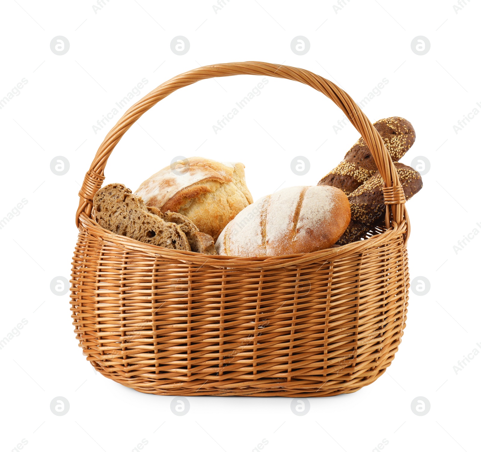 Photo of Wicker basket with different types of fresh bread isolated on white