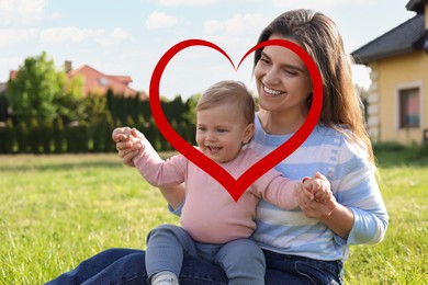 Image of Illustration of red heart and happy mother with her cute baby at backyard on sunny day