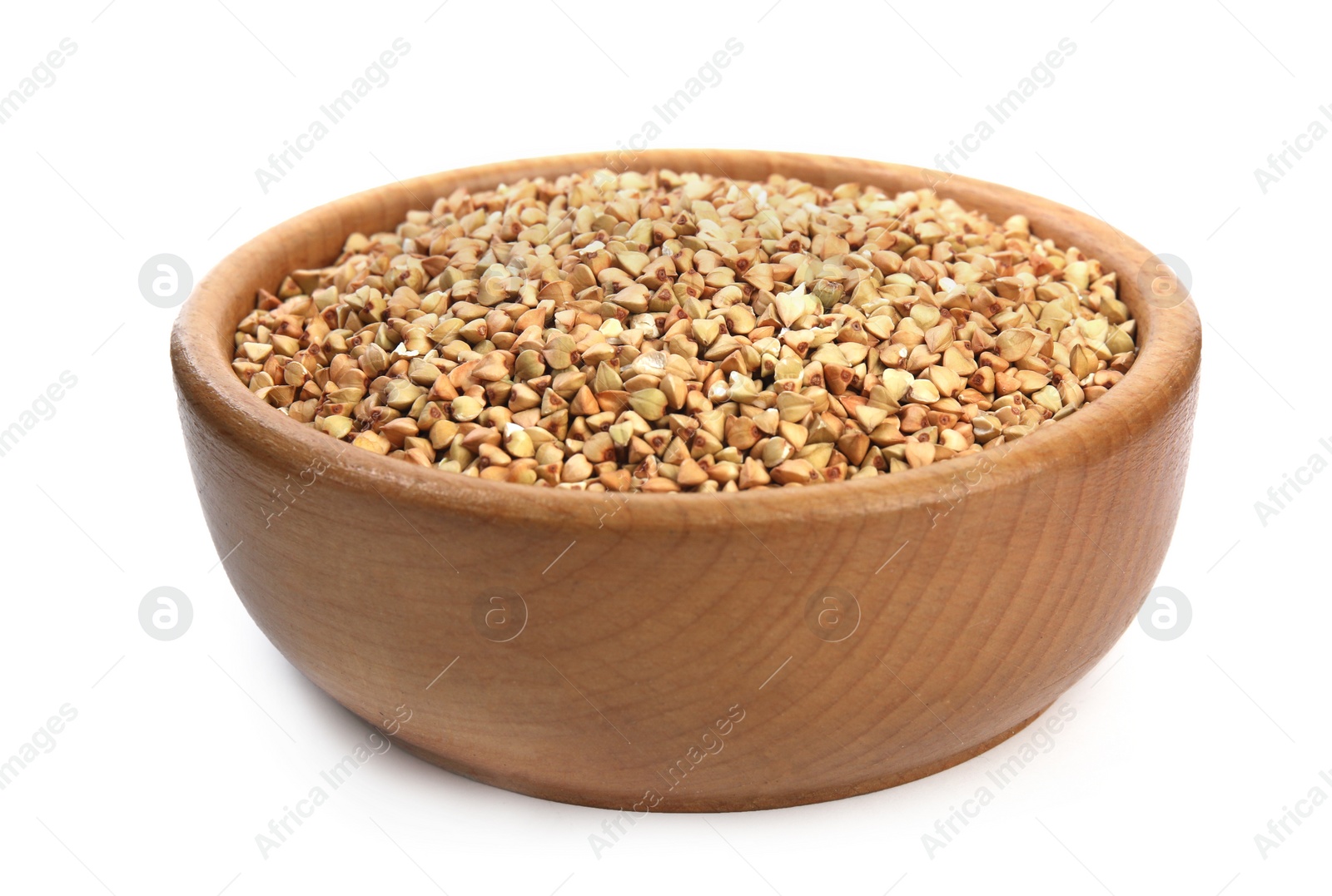 Photo of Green buckwheat in bowl isolated on white