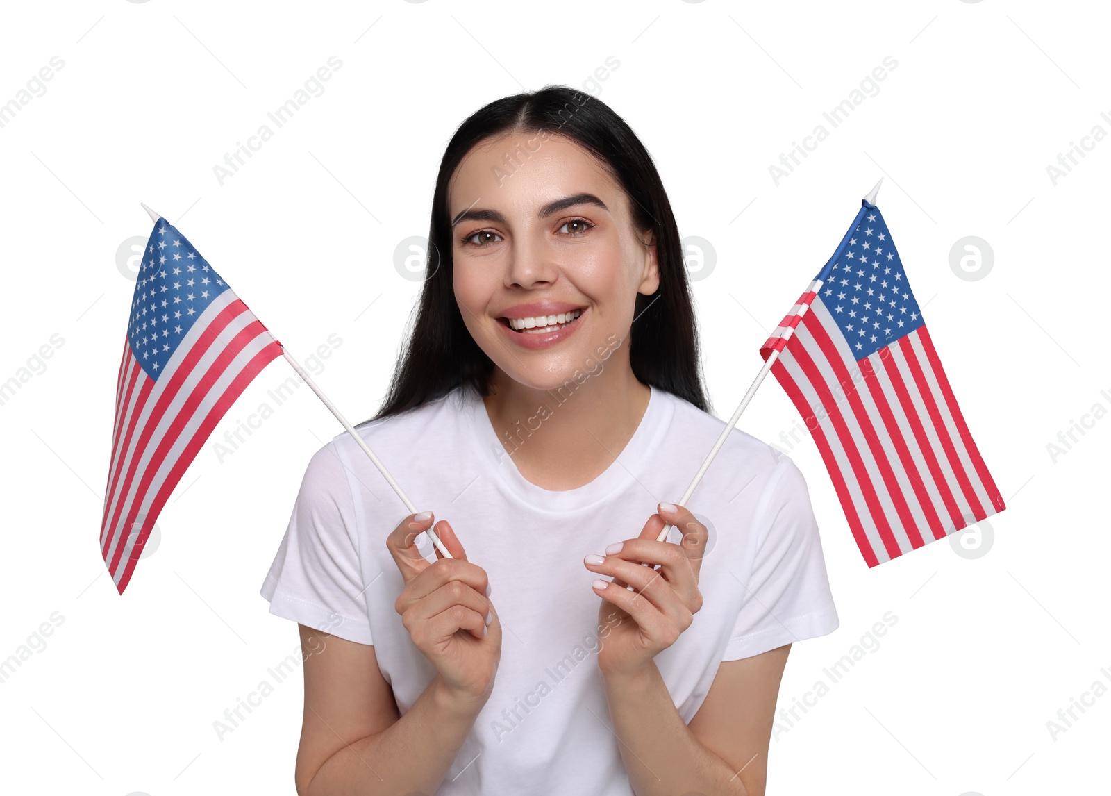 Image of 4th of July - Independence day of America. Happy woman holding national flags of United States on white background