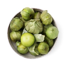 Photo of Bowl of fresh green tomatillos with husk isolated on white, top view