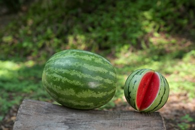 Different delicious ripe watermelons on log outdoors