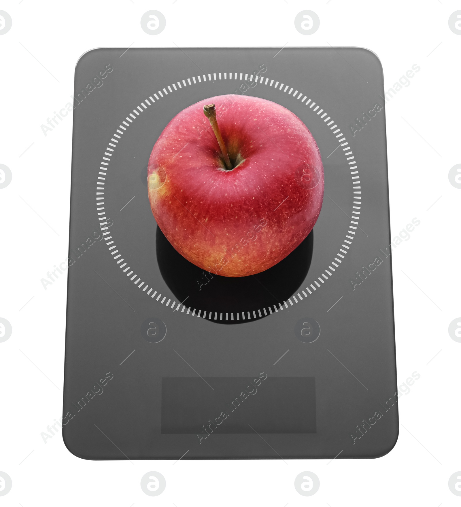 Photo of Modern kitchen scale with fresh red apple isolated on white