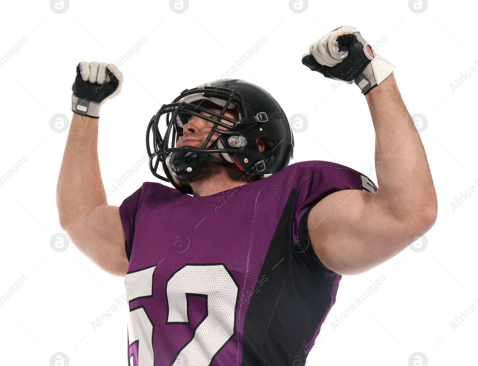 Photo of American football player wearing uniform on white background