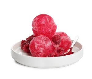 Photo of Plate with snow ice cream, raspberries and spoon on white background