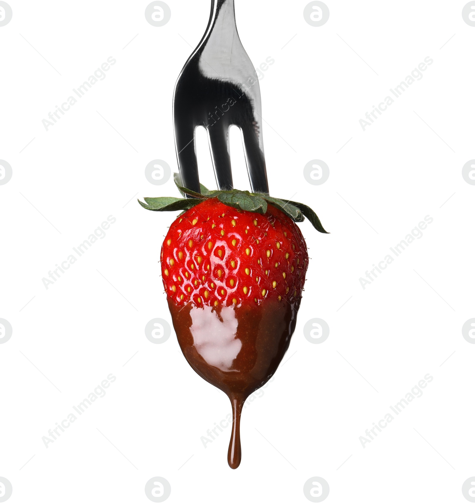 Photo of Strawberry with chocolate on fondue fork against white background