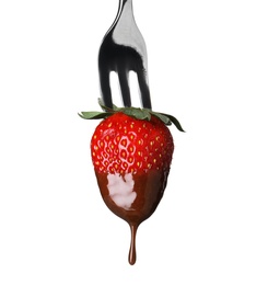 Photo of Strawberry with chocolate on fondue fork against white background