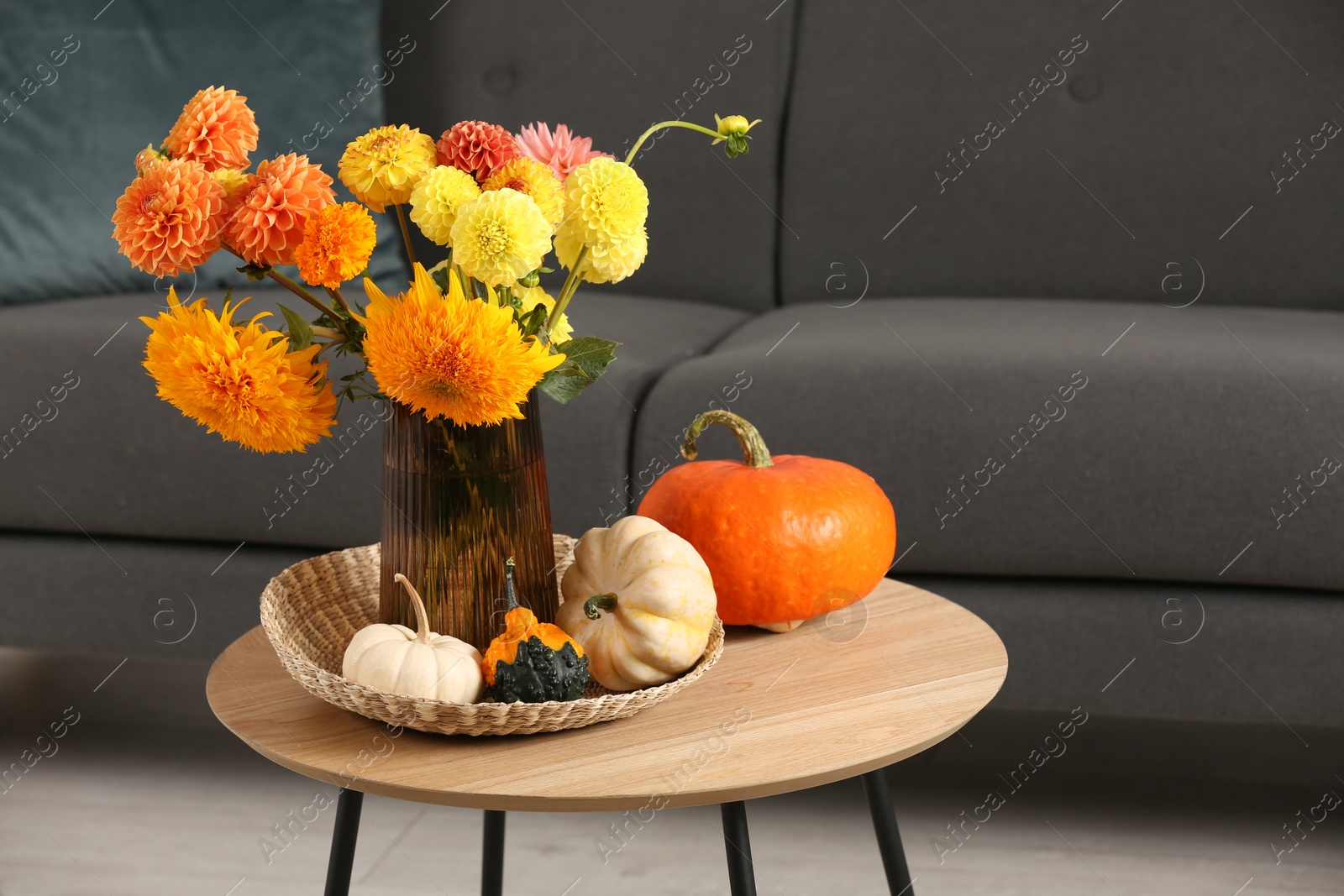 Photo of Beautiful autumn bouquet and pumpkins on coffee table near sofa in room