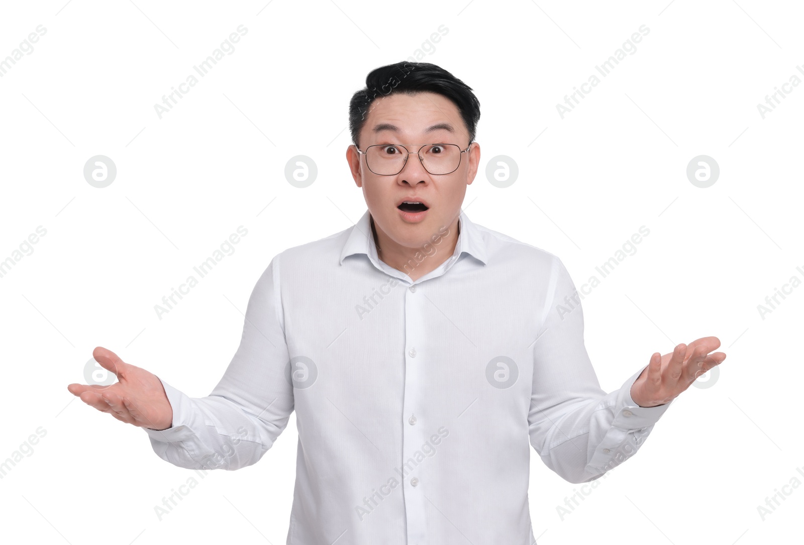 Photo of Confused businessman in formal clothes wearing glasses on white background