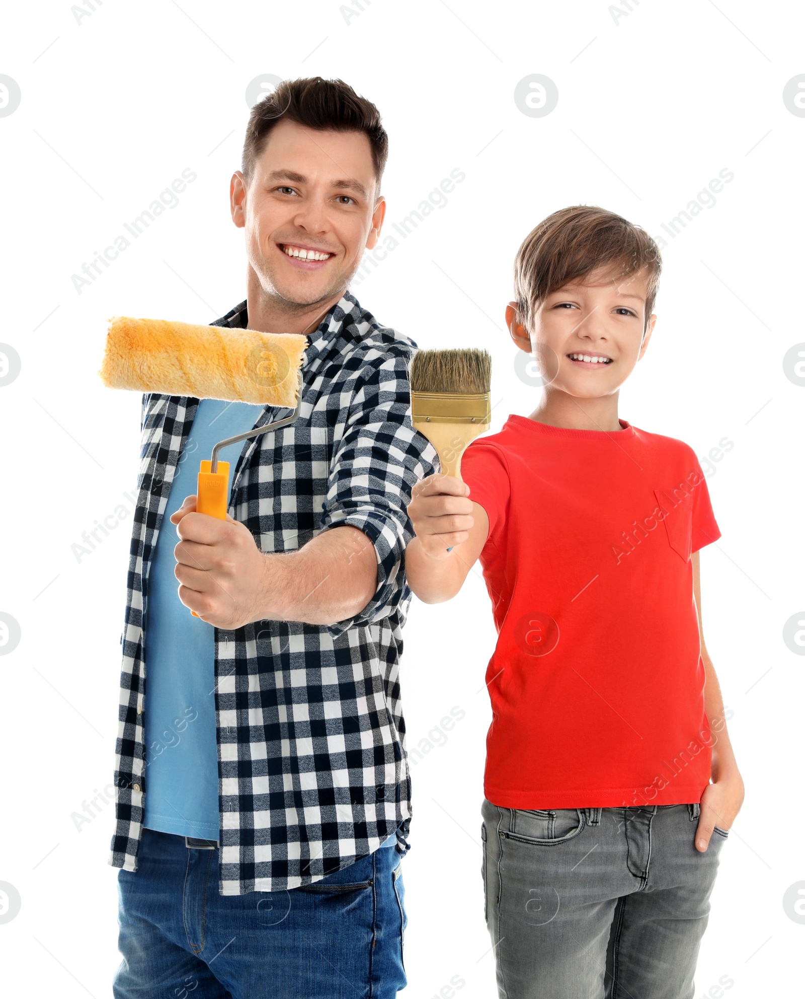 Photo of Dad and his son with painting tools on white background