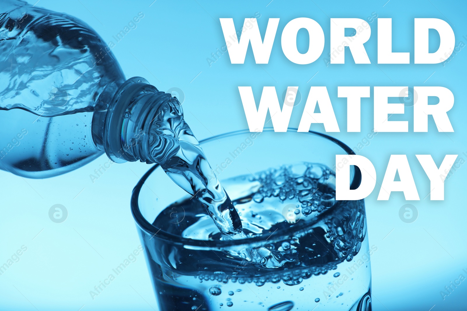 Image of Text World Water Day and pouring water from bottle into glass on light blue background