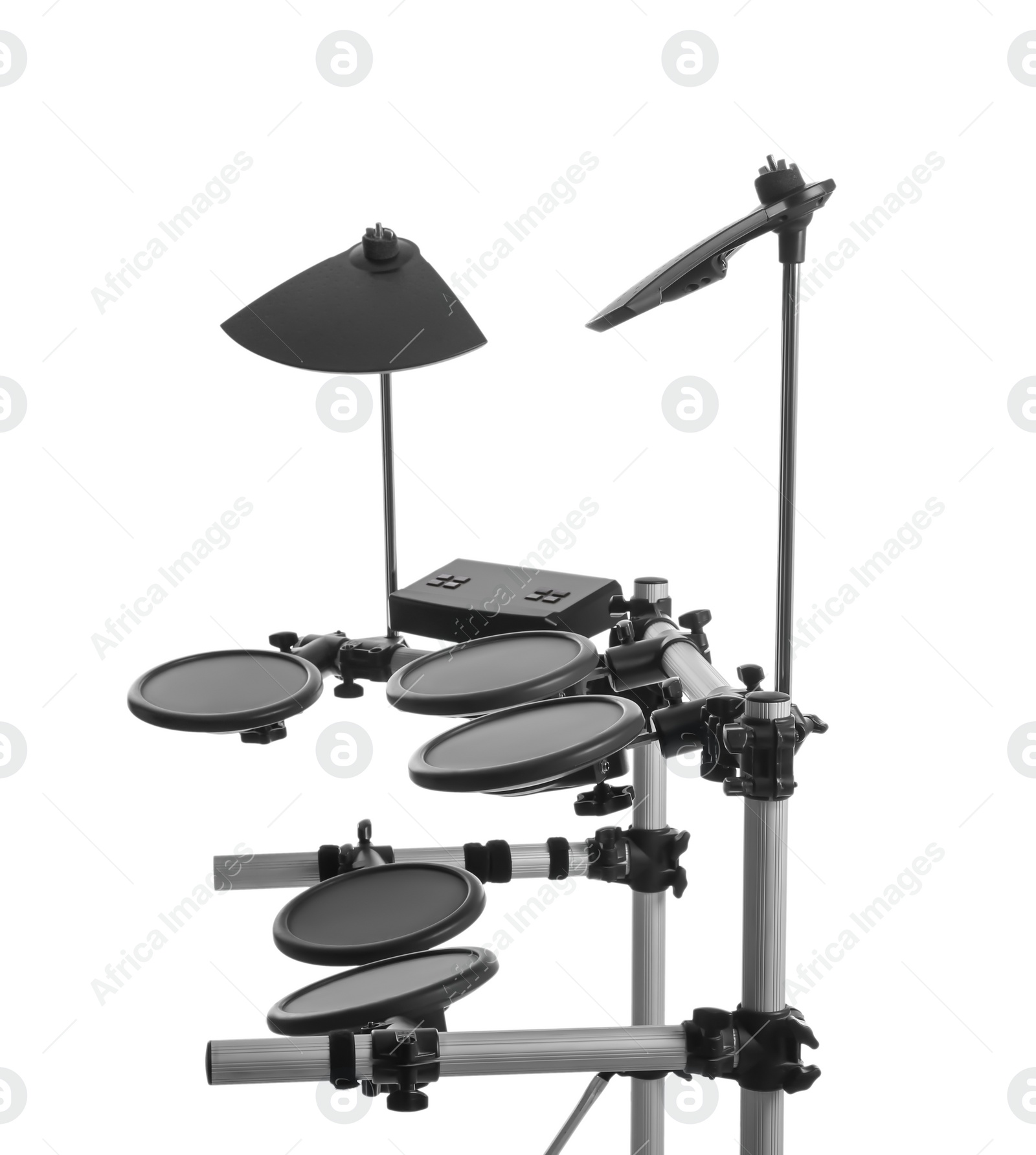 Photo of Modern electronic drum kit on white background. Music instrument