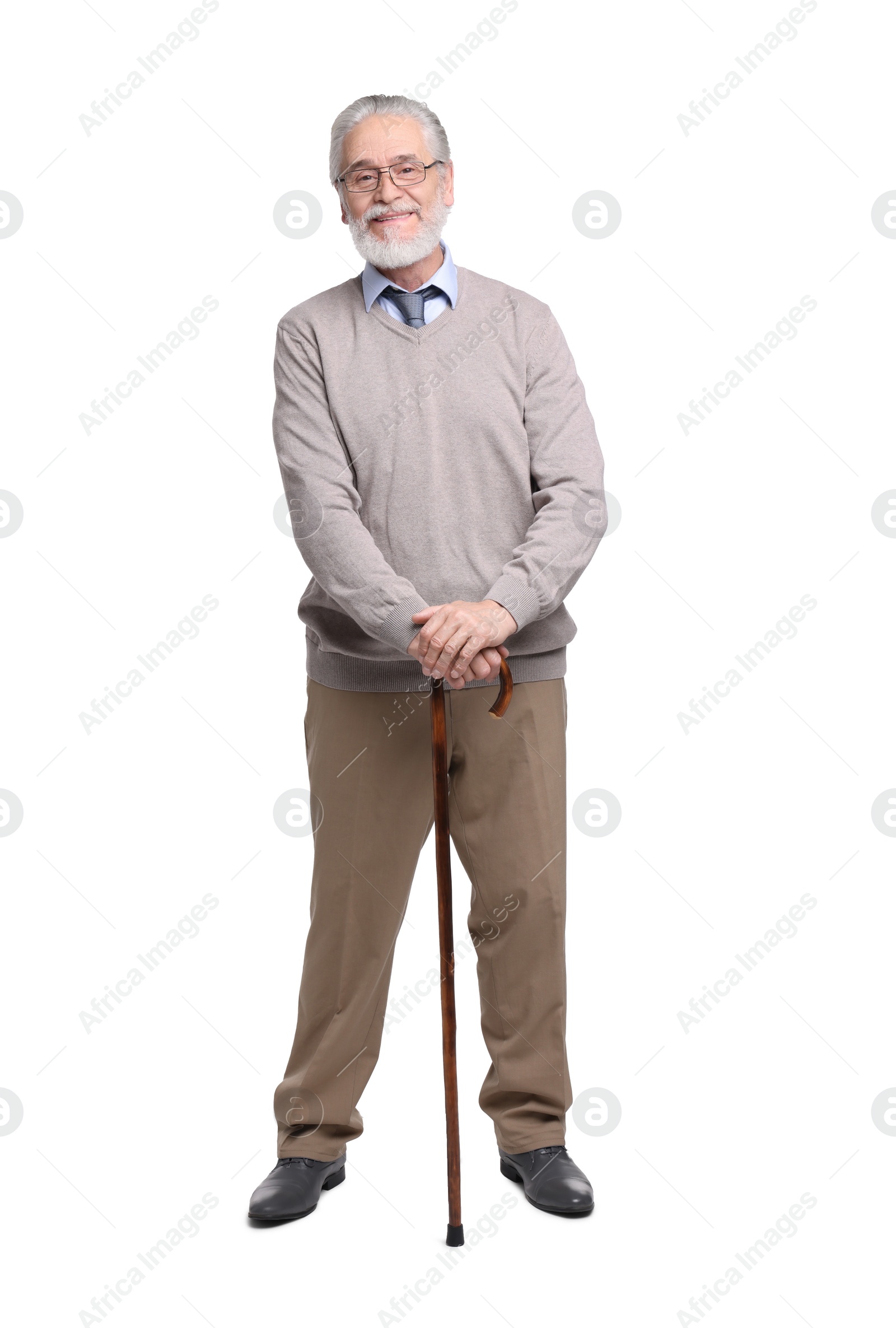 Photo of Senior man with walking cane on white background