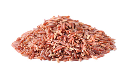 Photo of Uncooked organic brown rice isolated on white