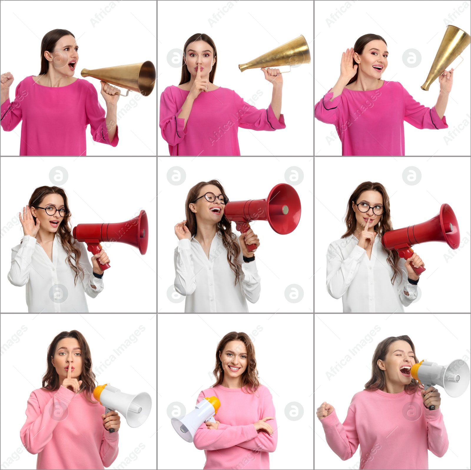 Image of Collage of women with megaphones on white background