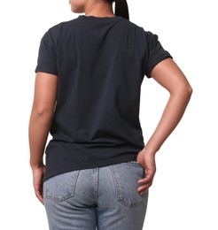 Woman wearing black t-shirt on white background, closeup