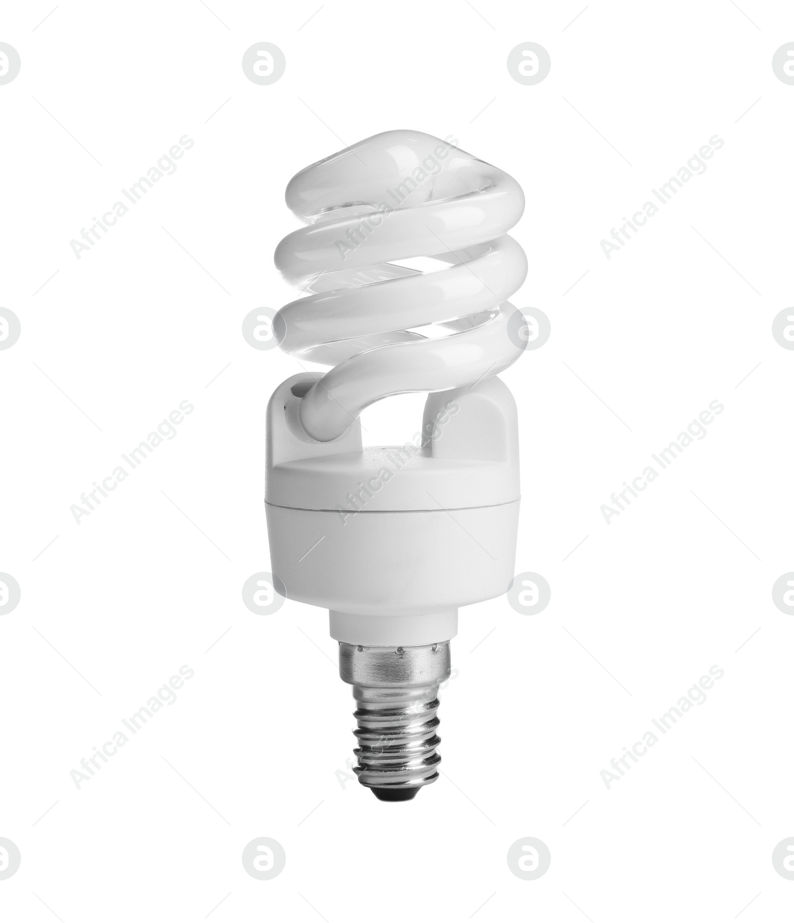 Photo of New fluorescent light bulb for modern lamps on white background