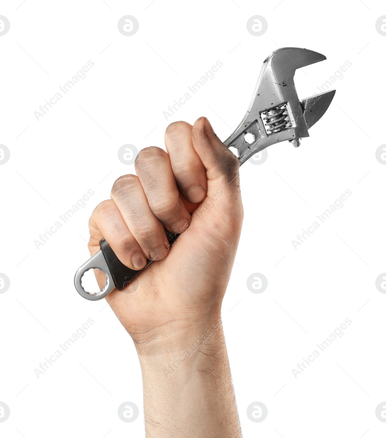 Photo of Man holding adjustable wrench isolated on white, closeup. Plumbing tools