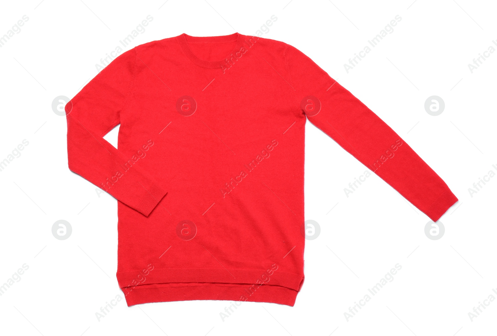 Photo of Red cashmere sweater isolated on white, top view