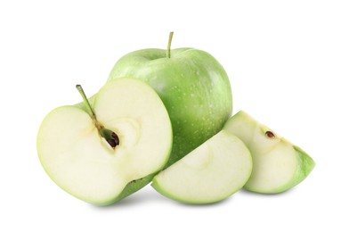 Photo of Whole and cut apples on white background