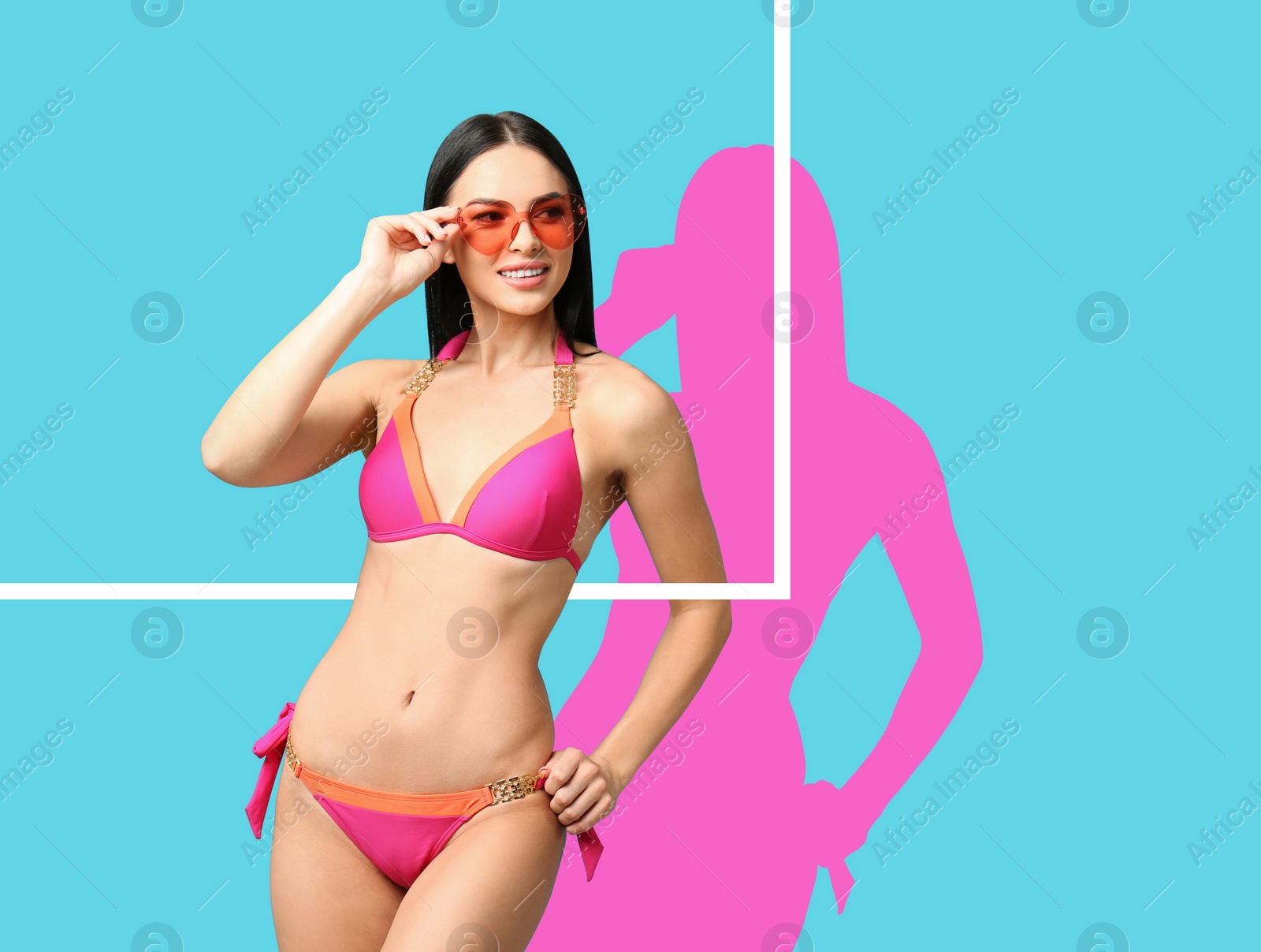 Image of Beautiful woman in swimsuit on light blue background, stylish design. Summer season