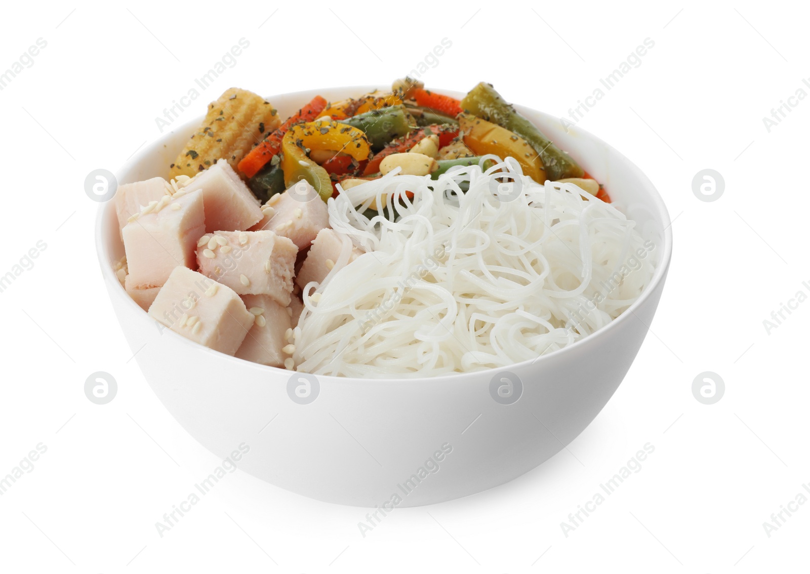 Photo of Tasty cooked rice noodles with chicken and vegetables isolated on white