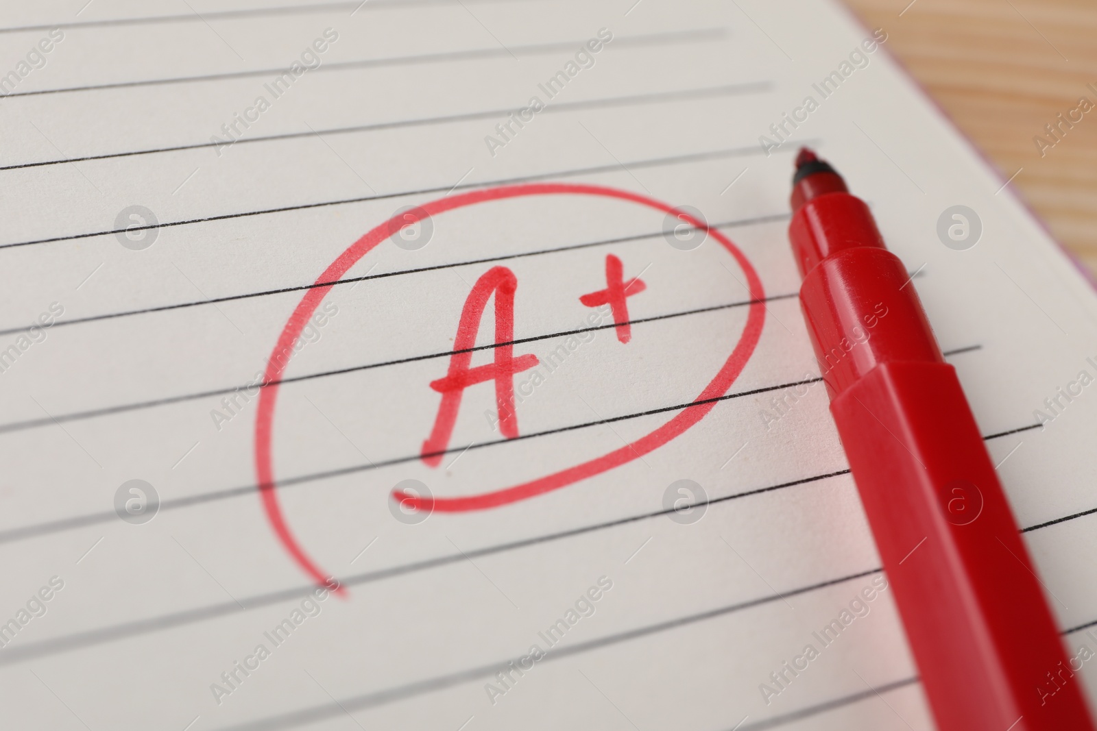 Photo of School grade. Red letter A with plus symbol on notebook paper and marker, closeup