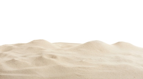 Photo of Beach sand on white background. Mockup for design