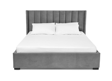 Photo of Comfortable gray bed with linens on white background