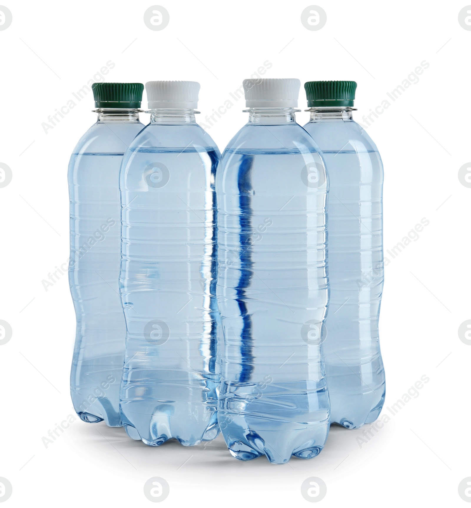 Photo of Set of different plastic bottles with water on white background