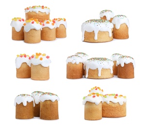 Image of Set with traditional Easter cakes on white background 