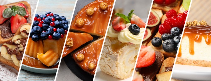 Image of Assortment of tasty desserts. Collage with different meals, closeup