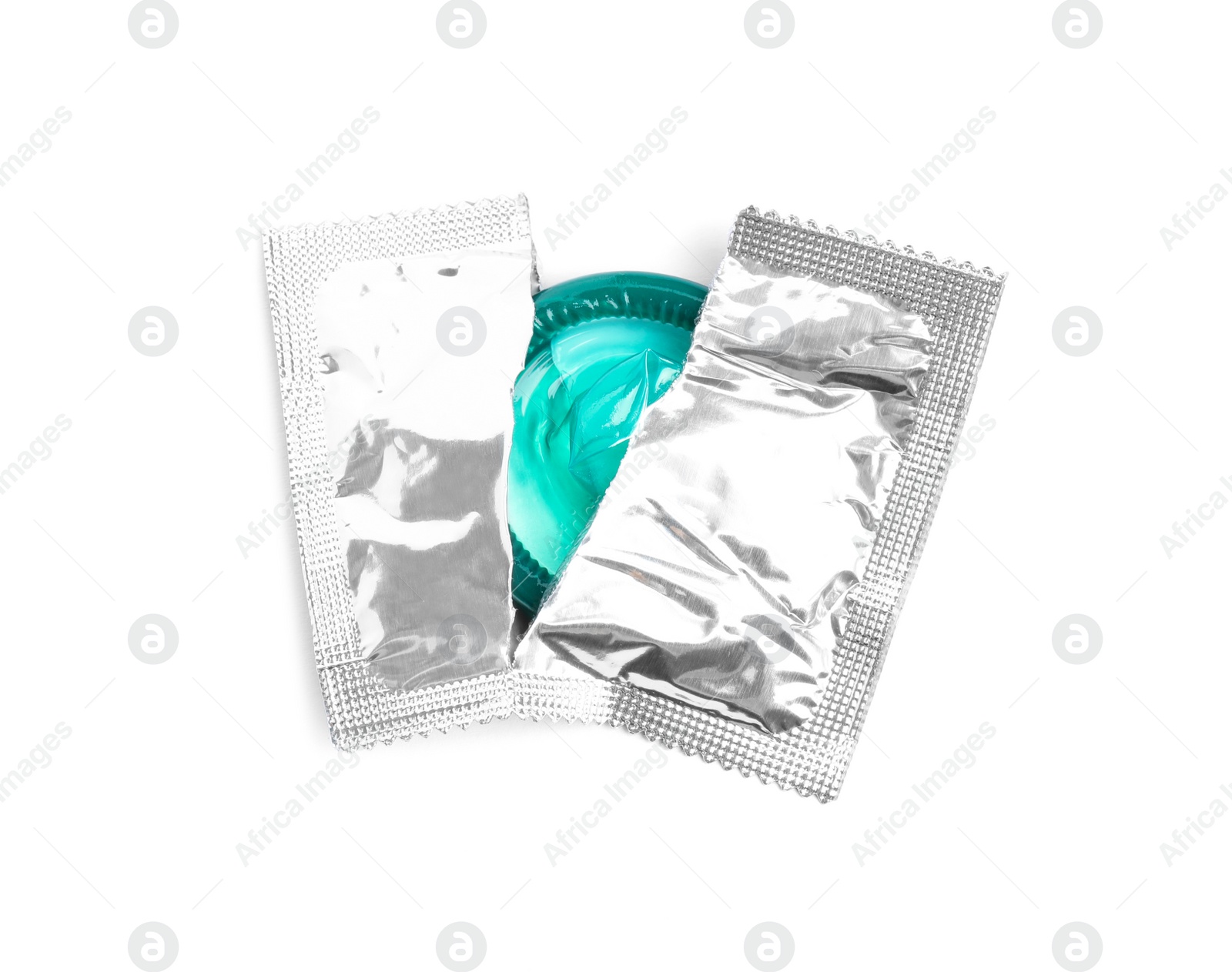 Photo of Torn condom package isolated on white, top view. Safe sex