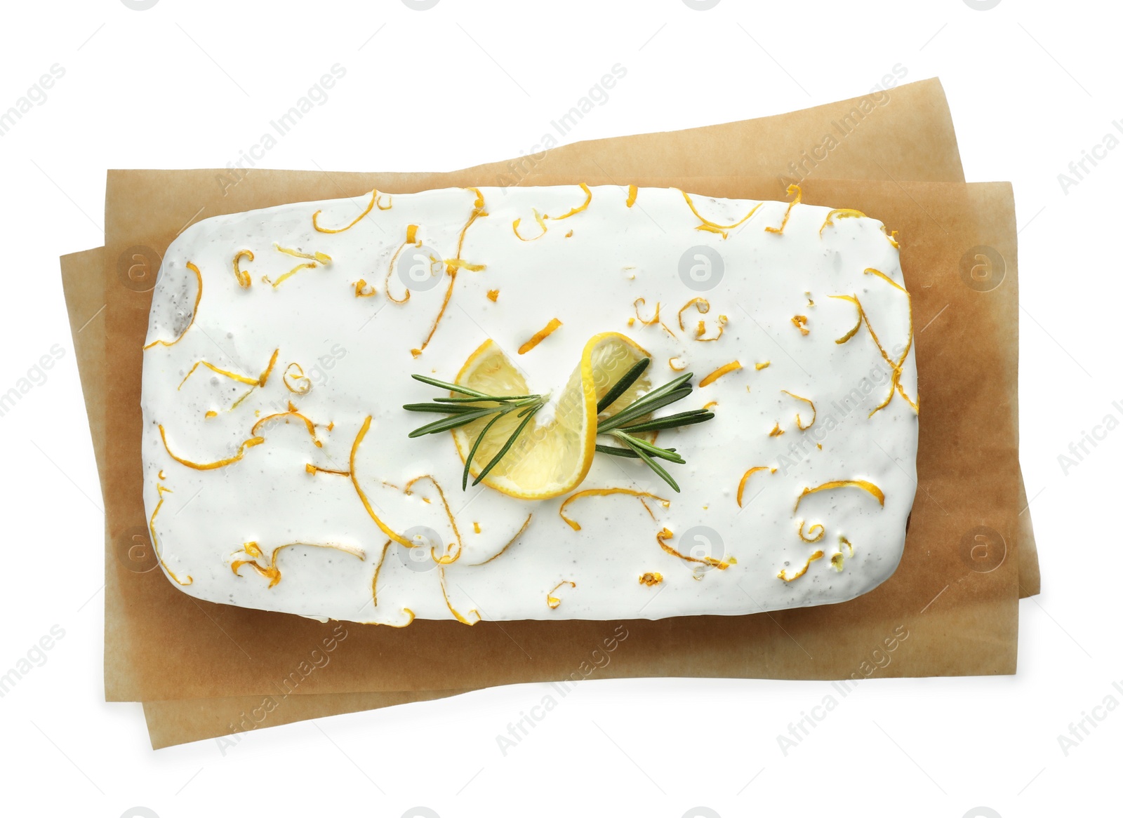 Photo of Tasty lemon cake with glaze isolated on white, top view