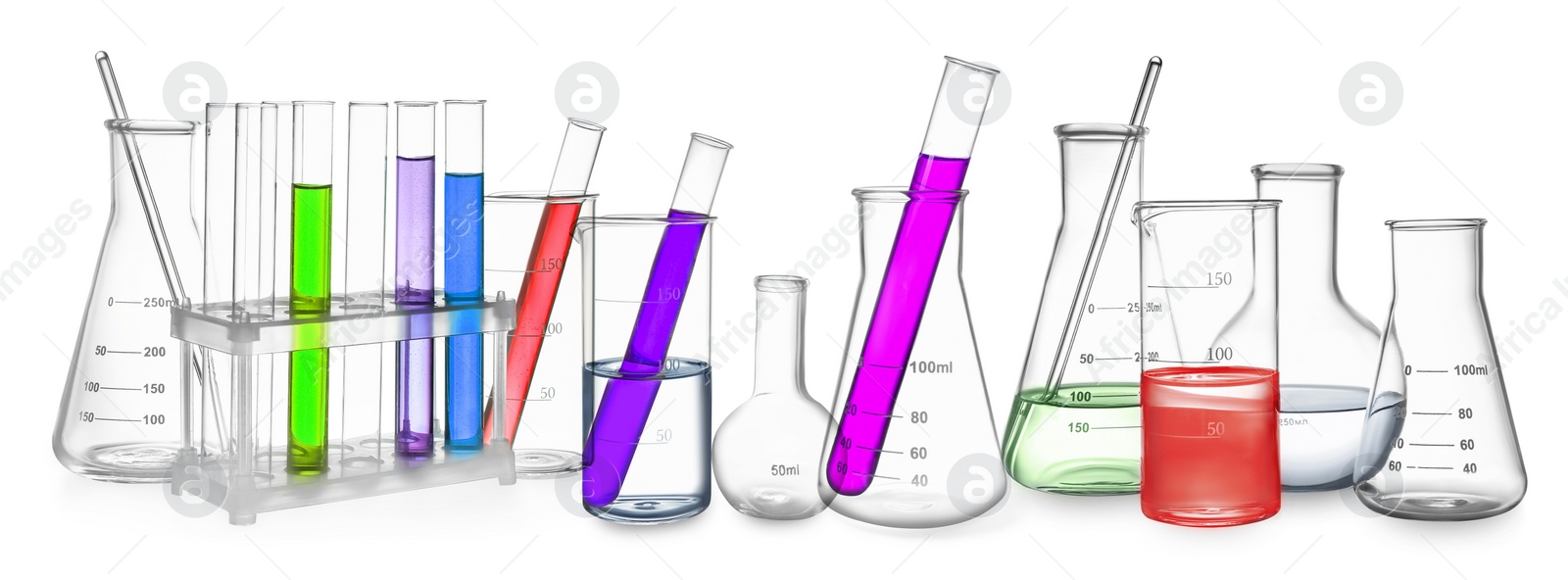 Image of Set of different laboratory glassware isolated on white