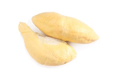 Pieces of fresh ripe durian on white background, top view